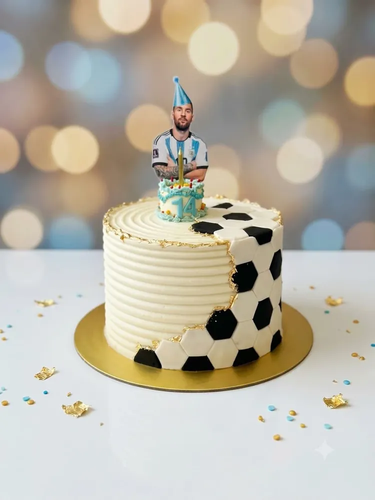 Torta temática de fútbol con cobertura de crema, pan de oro y topper de cumpleaños